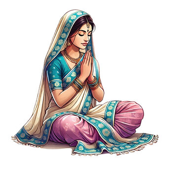 Indian woman sitting in saree doing prayer illustration