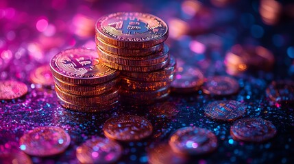 Innovative cryptocurrency background with abstract digital coins, interconnected blockchain patterns, and energetic financial graph overlays showcasing the future of digital trading and investment