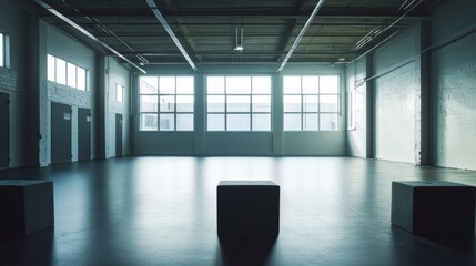 Obraz premium HIIT workout with burpees and box jumps in a minimalist gym. Featuring agility, strength, and explosive power