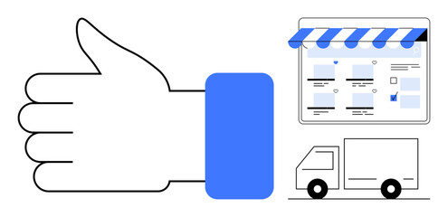 Thumbs-up hand gesture, storefront webpage with awning, delivery truck. Ideal for retail, e-commerce, logistics, customer satisfaction, online shopping speedy delivery digital approval. Abstract