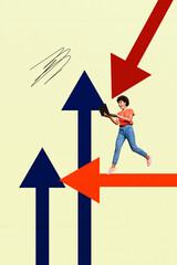 Artwork photo collage sketch of goal challenge up strategy purpose success manager human resources job young woman walk hand hold laptop