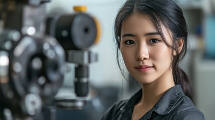 A focused young woman stands beside advanced machinery in a busy workshop environment