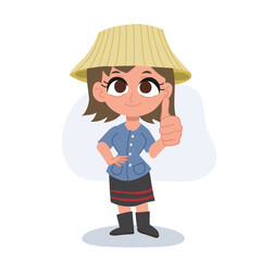 Cute happy thai farmer woman cartoon giving thumbs up