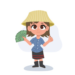 cute cartoon of a female Thai farmer holding money fan