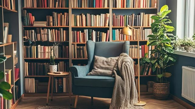 A home library corner with a comfy armchair, floor lamp, and shelves filled with books and plants.