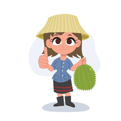 Adorable Thai girl farmer with delicious durian fruit
