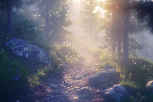 a serene mountain trail winding through misty ancient forest at dawn sunbeams filtering through trees creating ethereal bokeh effects spiritual atmosphere