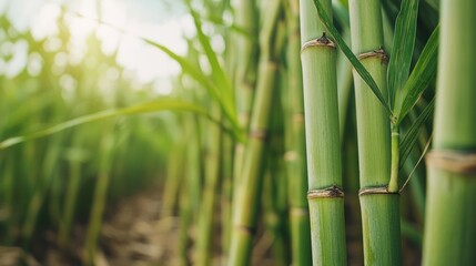 Close-Up View of Lush Green Sugarcane Stalks in Sunlight