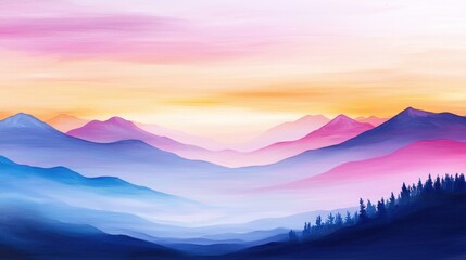 Fototapeta premium Serene and Colorful Mountain Landscape at Sunset with Soft Hues of Pink, Purple, and Blue Overlapping into a Peaceful Horizon