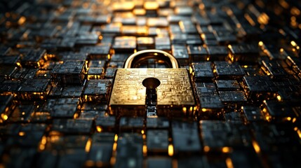 cybersecurity concept showing a golden padlock on a surface of electronic microchips nodes connected