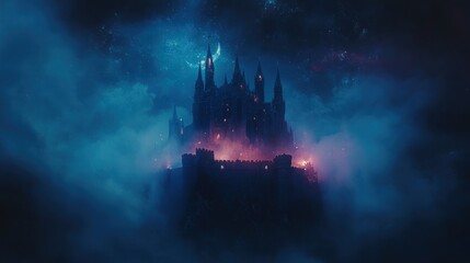 Mysterious castle sits atop a misty mountain under a crescent moon