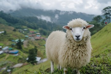 Obraz premium Cotton Ball Life with fluffy fur like clouds, sheep in Cameron Highlands running around, occasionally turning around with cute round eyes