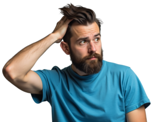 A man with a beard is scratching his head and looking off to the side with a concerned expression.