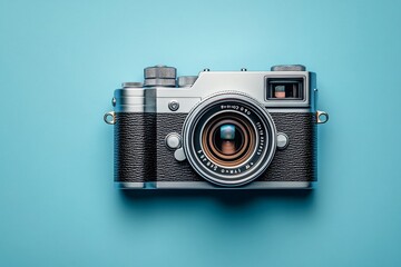 A photorealistic camera on a pastel blue background symbolizes World Photography Day, perfect for photography enthusiasts, branding, and marketing materials.
