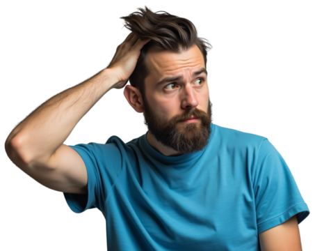A man with a beard is scratching his head and looking off to the side with a concerned expression.