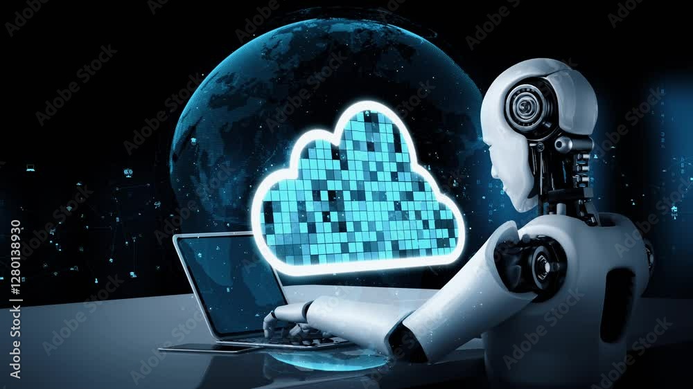 Poster ai robot huminoid uses cloud computing technology to store data on online server . futuristic concep