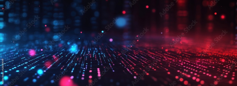 Wall mural abstract digital data stream with glowing particles in blue and red.