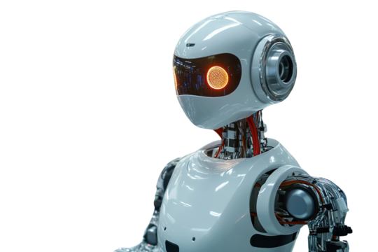 A cute, blue, 3D rendered robotic character is isolated on a white background