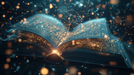 Enchanting open book with glowing pages, sparkling particles, and magical light effects, ideal for fantasy concepts and literary themes