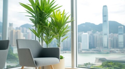 Fototapeta premium Modern Office Interior with Plants and Scenic City View