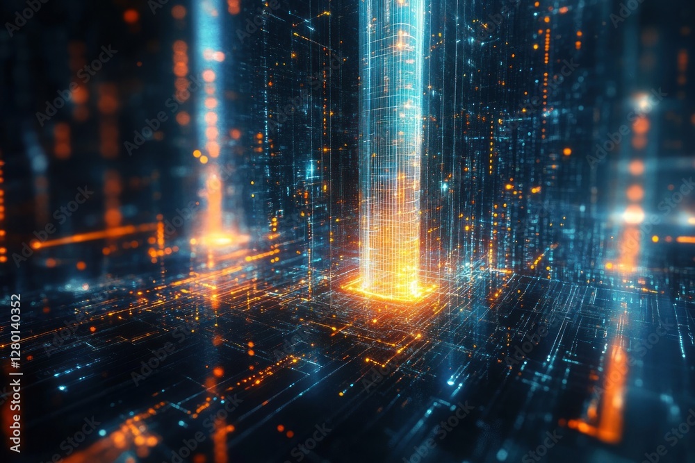 Wall mural abstract digital data streams, glowing lines and particles forming futuristic cityscape.