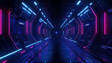 Futuristic Sci-Fi Tunnel with Vibrant Neon Lights and Sleek Metallic Walls Creating a Mysterious Atmosphere for Technology Backgrounds