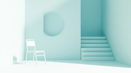 Fototapeta premium Minimalist interior design featuring a white chair, geometric shapes, and soft lighting