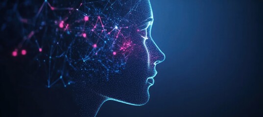 Abstract digital female face profile with glowing network connections.