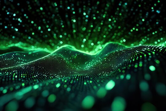 abstract digital matrix visualization cascading green binary code creating depth and movement techgeometric patterns on black