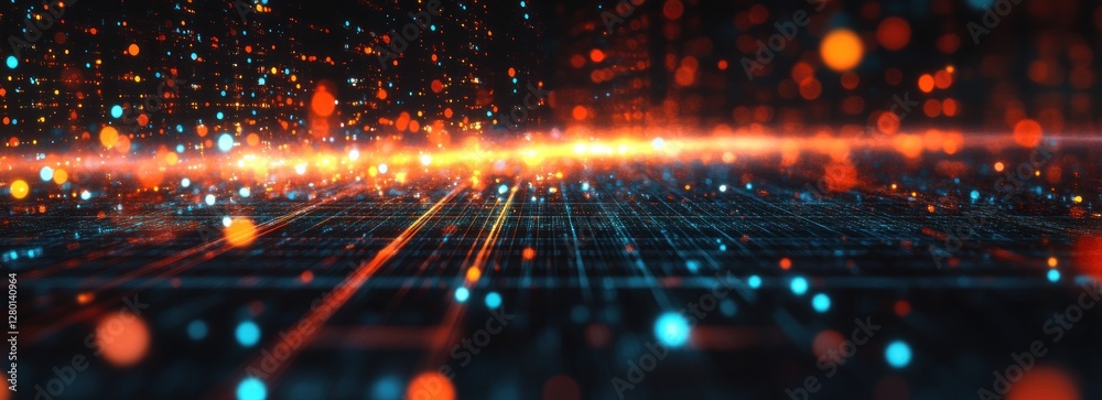Wall mural abstract digital grid with glowing particles and lines.