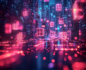 A digital cityscape of glowing cubes in a cyberpunk style with cinematic lighting