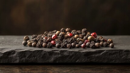 Assorted peppercorns on dark stone surface: black red white organic spices for culinary use