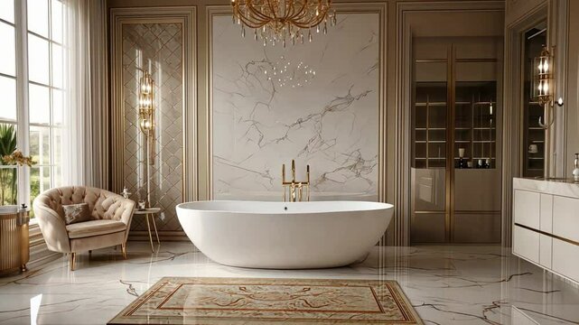 A luxurious bathroom with a freestanding tub, chandelier, and elegant marble finishes.