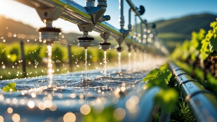 Irrigation system actively watering rows of lush vineyards during golden hour in a picturesque landscape