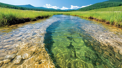 Naklejka premium Crystal-clear stream flows through grassy meadow, mountains backdrop; nature photography