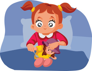Girl Pretending to Be a Mom Feeding Doll Vector Cartoon Illustration. Child role-playing as a mother spoon feeding a toy 
