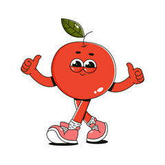 Cute retro apple character sticker. Trendy comic walking fruit with cute face, hand and feet. Groovy summer vector illustration 70s, 80s vintage vibes