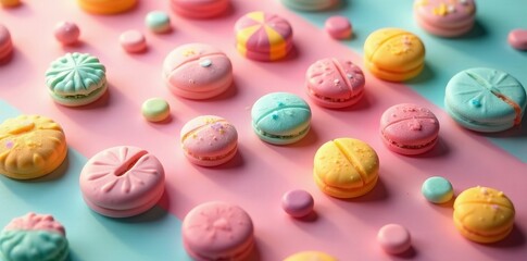 Pastel-hued candies arranged in a dynamic and eye-catching composition, abstract, confectionery
