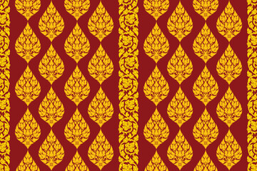 Traditional Thai art seamless bold gold colored floral arabesque pattern in damask style motifs suitable for wallpaper, cloth, curtain, blanket, textile, tiles and fabric design isolated over red.