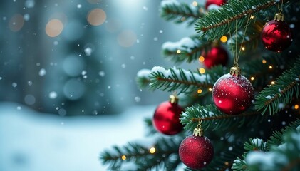 Pine tree adorned with ornaments under snowy backdrop, icy, seasonal