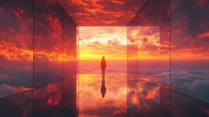 silhouette figure contemplative journey above clouds surreal orange sunrise reflection horizon vastness