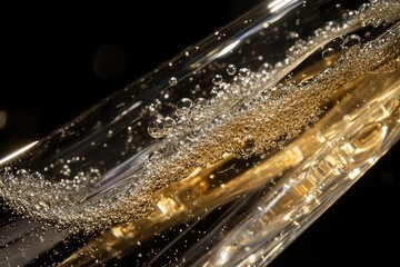 champagne bubbles cascading in crystal flute dramatic side lighting deep gold tones black background