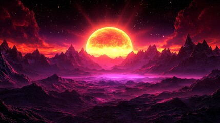 Surreal sunset over alien mountain landscape with starry sky and nebula evoking cosmic wonder and fantastical adventure illustration