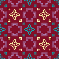 Seamless pattern with simple geometric ornament on burgundy background. Vector illustration