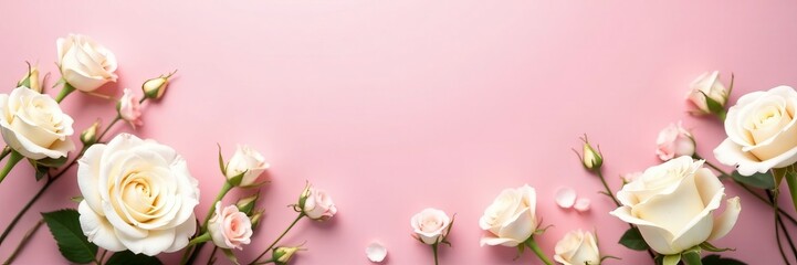 Romantic white rose bouquet border on pastel pink background, love, border