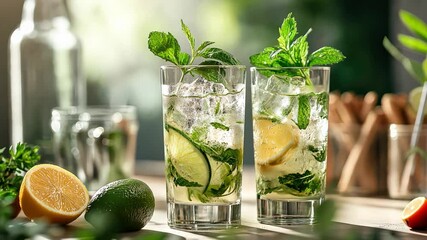 A mixologist hosting a drink and spirits workshop, showcasing eco-friendly glassware and ingredients.