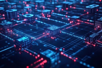 Blockchain network visualization with interconnected blocks and cryptographic chains, showcasing secure and transparent transactions