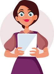 Smiling Woman Holding a PC Tablet Vector Cartoon Illustration. Professional corporate office worker holding a tech device 

