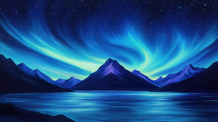 Fototapeta premium A starry night with an ethereal display of shifting auroras, their colors dancing over a lone mountain peak in the distance