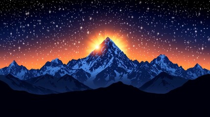Majestic Mountain Range Silhouette Under Starry Night Sky with Golden Peak Illumination Scenic Beauty and Serene Atmospheric Vista
